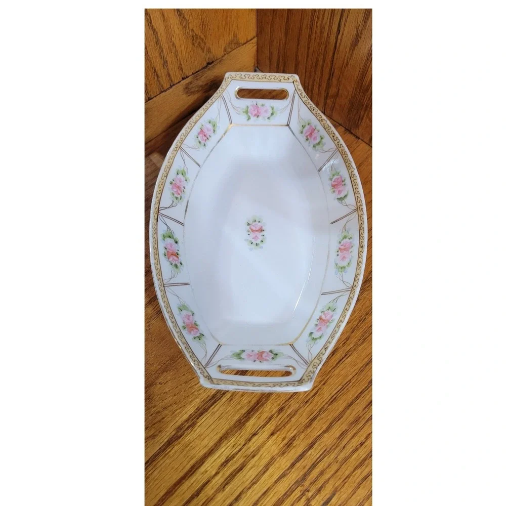 Nippon Hand Painted Art Porcelain Floral Gold Trim Oval Serving Bowl w/ Handles